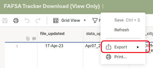 FAFSA Tracker Download - Export option