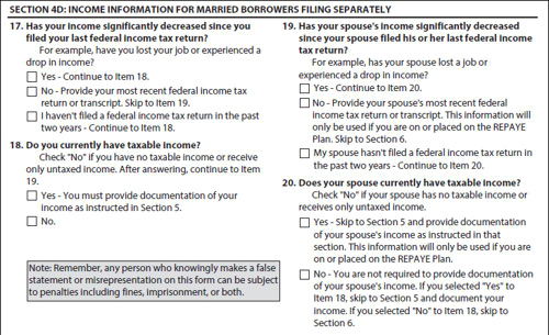 IDR Form - Income Information for Married Borrowers Filing Separately questions 17 - 20