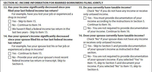IDR Form - Section 4C: Income Information for Married Borrowers Filing Jointly questions 13 - 16